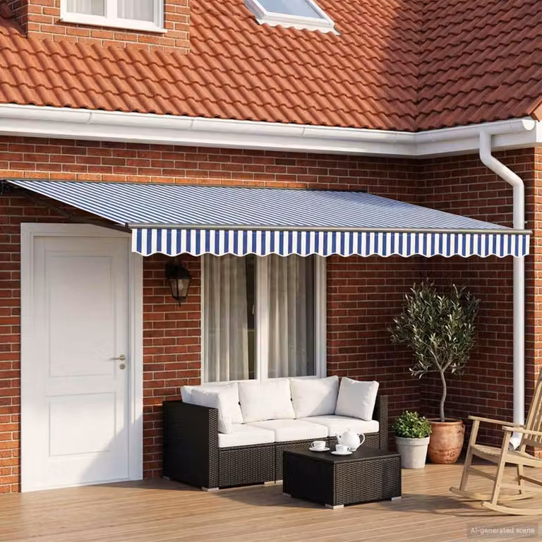Toldo semi cassette manual Prolenta con iluminación LED en aluminio y poliéster, disponible en azul, blanco o antracita, An x Al: 4 x 3 m