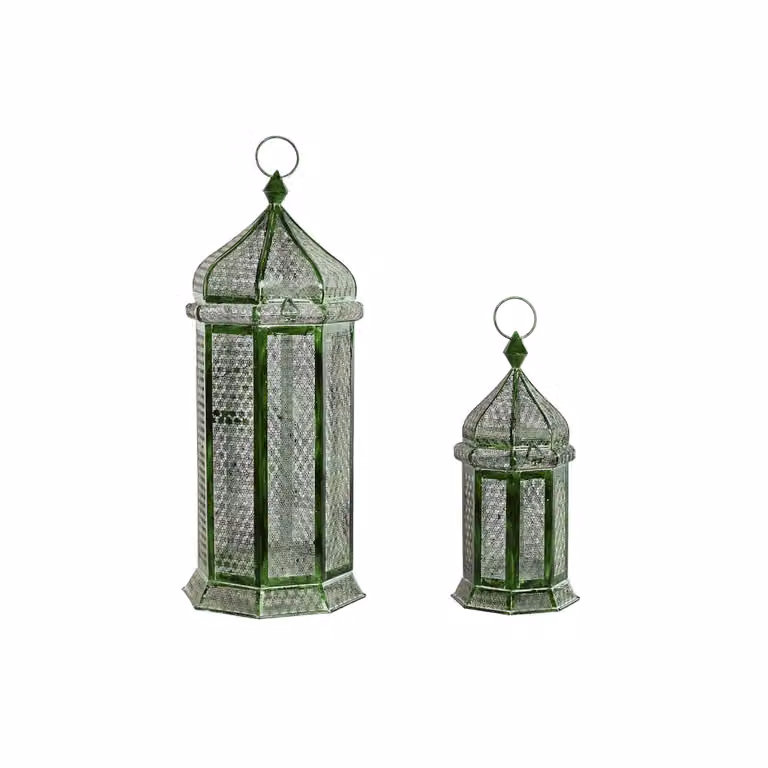 Conjunto de 2 faroles de metal NIYLO color verde para mesa, diseño cuadrado y estilo rústico, An/P/Al: 23 x 23 x 57 cm