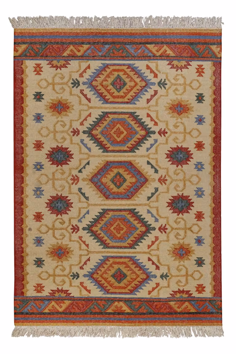 Alfombra kilim de lana Green Loop con motivo étnico oriental multicolor y beige, An/P: 80 x 150 cm