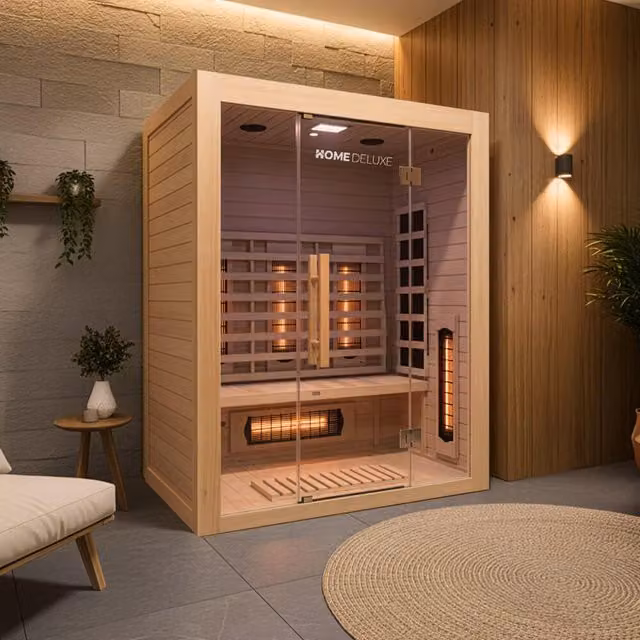Cabina de infrarrojos Home Deluxe SAHARA L con radiador de espectro completo para 3 personas, madera color beige, An/P/Al: 150 x 120 x 190 cm