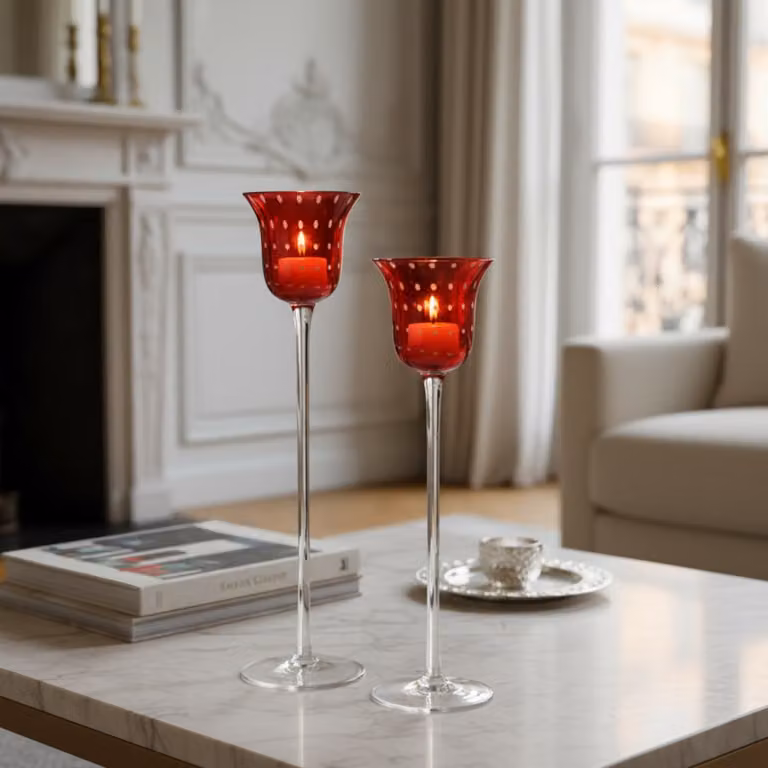 Portavelas decorativo de vidrio soplado Sia Deco rojo transparente para tealight, diseño moderno y redondo, Altura: 25 cm
