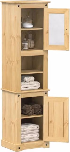 Armario de baño Corona de Maison Exclusive en madera maciza de pino de estilo rústico, color marrón y beige, An/P/Al: 50 x 40 x 185 cm