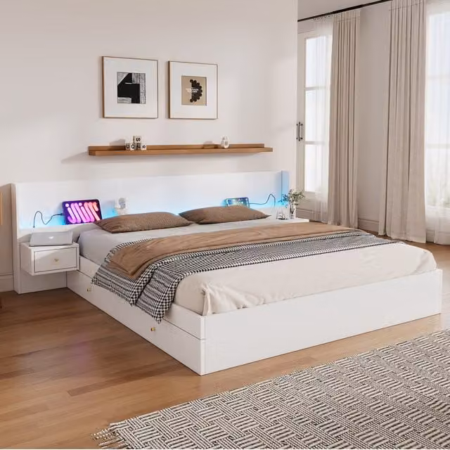 Cama Doble Kellany de Madera Blanca con Iluminación LED, Puerto USB y 2 Mesitas de Noche con Cajones, An/P/Al: 180 x 200 cm