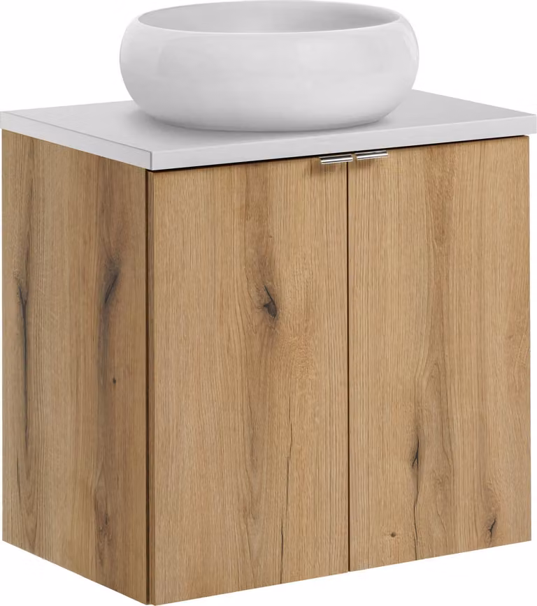 Mueble de baño moderno DMK Deutsches Milchkontor suspendido en color blanco y roble con puertas batientes de 60 cm
