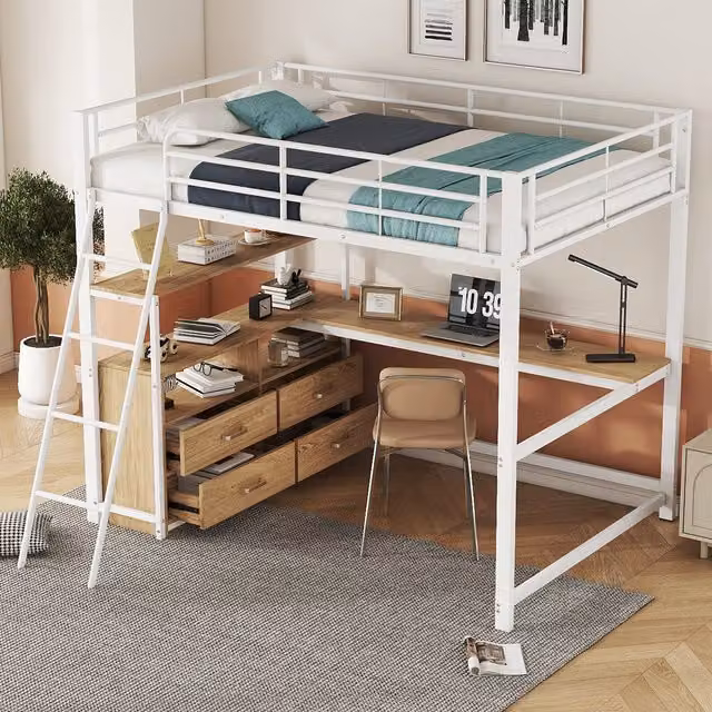Cama alta MODENVIE para adultos con cajones, color blanco, An/P/Al: 140 x 200 x 180 cm