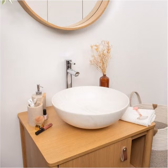 Lavabo de encimera redondo Roma de Mob In en cerámica color beige con efecto mármol, Diámetro: 39,5 cm, Altura: 14 cm
