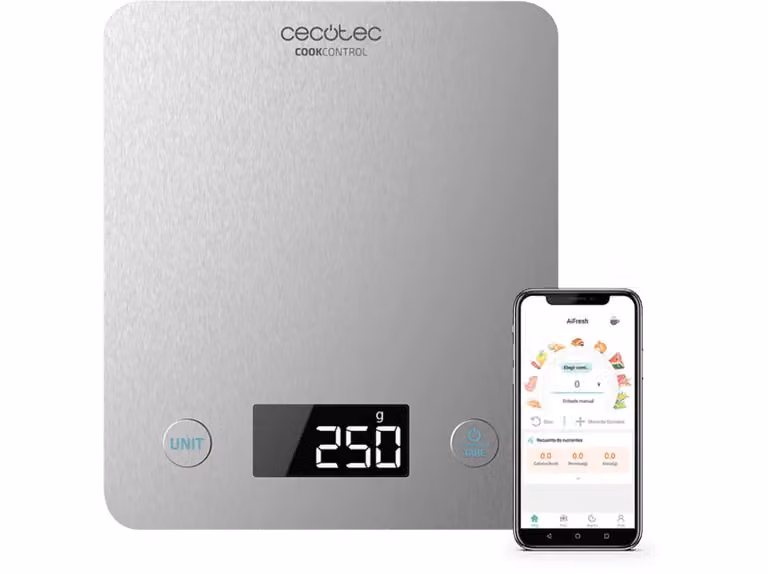 Balanza de cocina Cecotec CookComtrol 10000 Smart con Bluetooth y App, capacidad de 5 kg, precisión de 1 g, acero inoxidable, color gris/plata