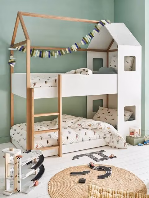 Cama infantil litera tipo cabaña VERTBAUDET en color blanco con zona de juego y estructura de madera de 90x190 cm, An: 120 cm, Al: 190 cm, Al: 209.5 cm