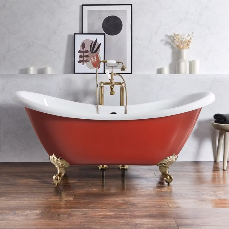 Bañera exenta Hudson Reed de diseño ovalado en color rojo con patas de color oro satinado, An/P/Al: 175 x 73 x 77 cm