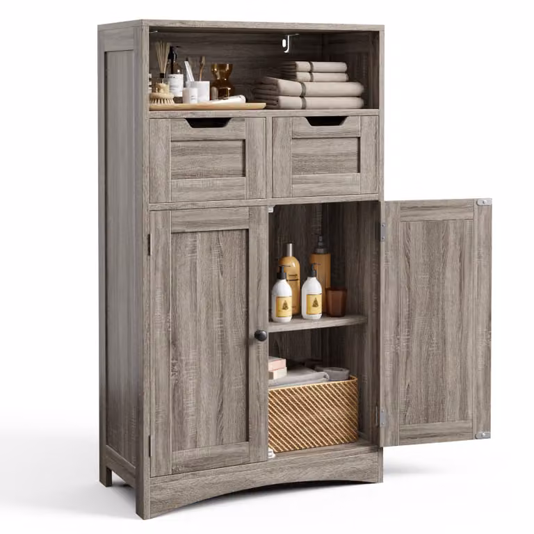 Armario Bealife de Roble Gris con 2 Puertas, 2 Cajones y Compartimento Abierto An/P/Al: 60 x 30 x 108 cm