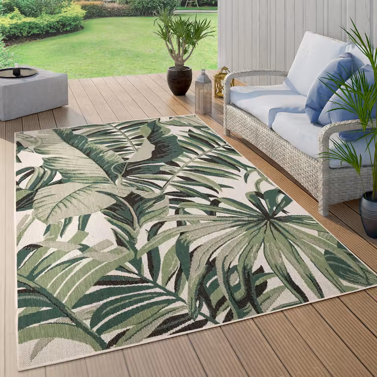 Alfombra Paco Home para exterior y jardín con diseño floral boho chic en color verde, An/P: 80 x 150 cm