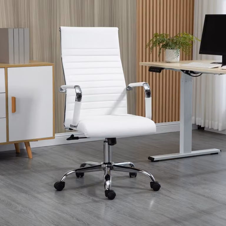 Silla de oficina ejecutiva OKWISH en color blanco con acabado en piel sintética y base de metal con ruedas giratorias de 360 grados