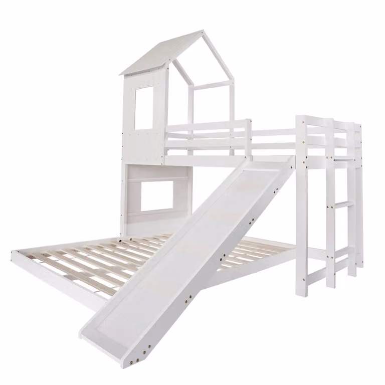 Litera de dos niveles OKWISH en madera de pino blanca con tobogán y estructura de casa para niños An/P/Al: 200 x 90 x 140 cm y 200 x 140 x 227 cm