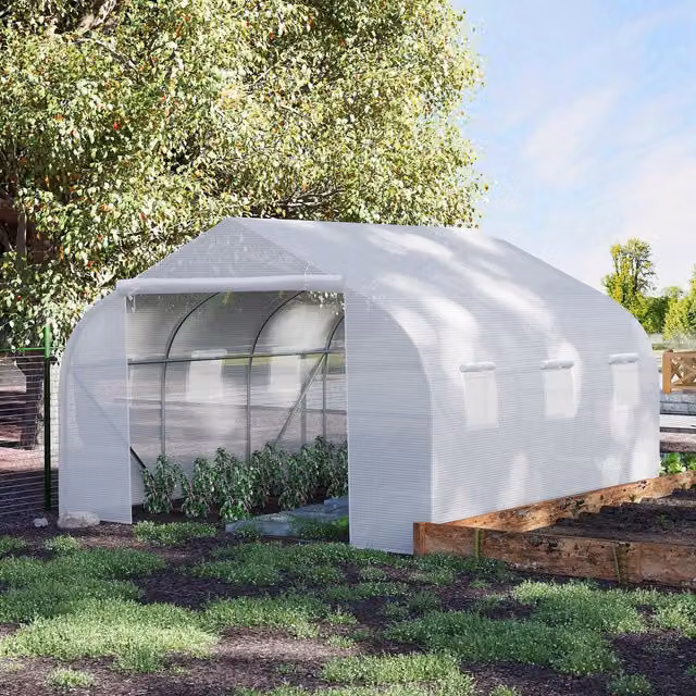 Invernadero tipo túnel Outsunny de 10,5 m2 con puerta y 6 ventanas enrollables, estructura de acero galvanizado y cubierta de PE de alta densidad, color blanco, Largo: 3,5 m, Ancho: 3 m, Altura: 2 m