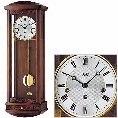 Reloj de pared analógico AMS R2607/1 con carcasa de madera de nogal, mecanismo de carillón Westminster de 8 días, péndulo y pesas en color marrón y plata