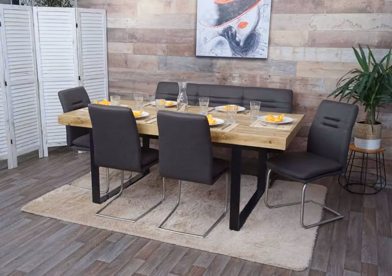 Juego de comedor Mendler moderno tapizado en tela, color gris, marrón y plata, An/P/Al: 160 x 92 x 76 cm
