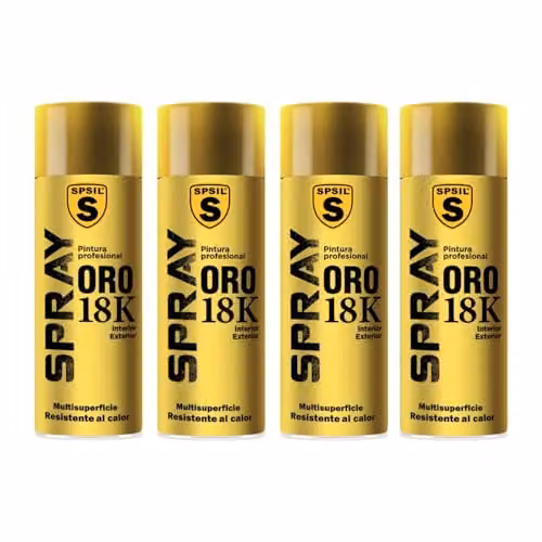 Pack de 4 botes de pintura spray SPSIL profesional para metal, madera o plástico, color oro 18k brillante, secado rápido, 400 ml cada uno
