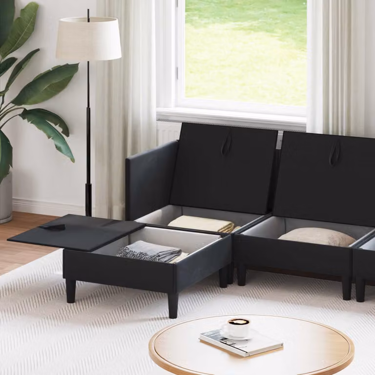 Juego de muebles de salón moderno vidaXL de 6 piezas en terciopelo negro con cojines y otomana en forma de L