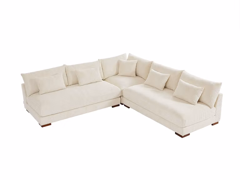 Sofá rinconera reversible de pana beige SPERONE con estructura de madera sólida y cojines incluidos