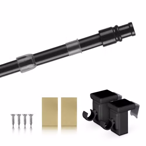 Barra de cafetería extensible de acero inoxidable negra con soportes de sujeción de 75 a 125 cm