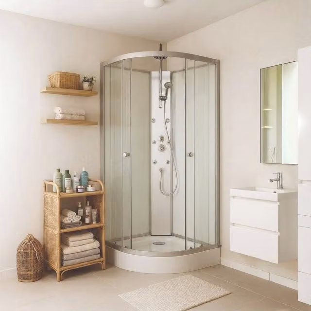 Cabina de ducha de hidromasaje Ondee Amelia en color blanco con plato de ducha y sistema de ducha de mano, diseño de cuarto de círculo An/P: 90 x 90 cm, Altura: 224 cm