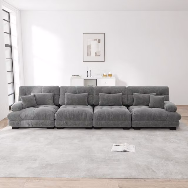 Sofá Esquinero Modular de 4 Plazas KELLANY en Chenilla Gris con Función de Sofá Cama y Cojines de Respaldo