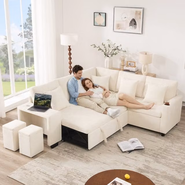Sofá Cama Esquinero en Forma de L KELLANY en Tejido Chenille Beige y Blanco con Función de Cama, Almacenamiento, Puertos USB y Portavasos, An/P/Al: 220 x 160 x 86,5 cm