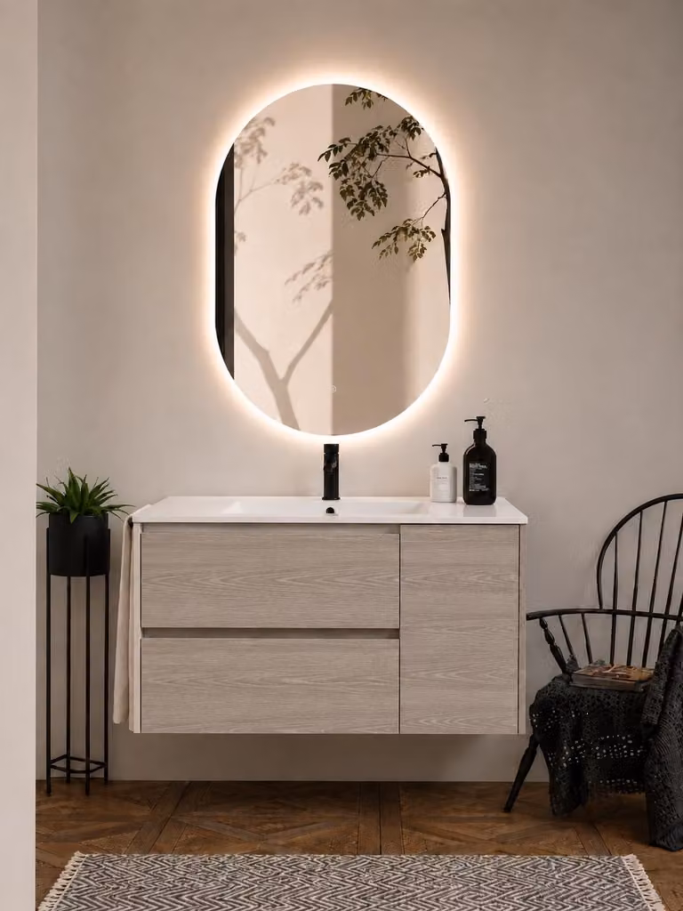 Mueble de baño suspendido ORIGEN BATH ITACA con lavabo, acabado roble ahumado y puertas con cajones, An/P/Al: 50 x 40 cm