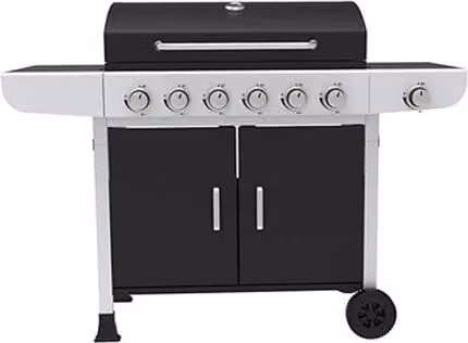 Barbacoa de gas Ravanson Go-6 de 15,1 kW en color negro y plata con rejilla de hierro fundido y ruedas