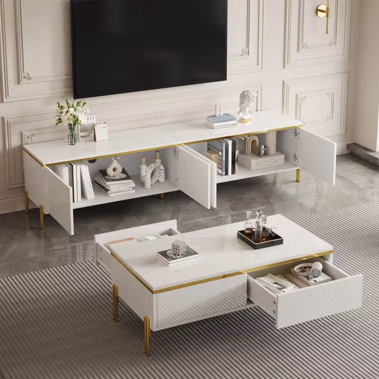 Mueble de televisión STILVORA moderno de alto brillo con detalles dorados y compartimentos de almacenamiento, color blanco