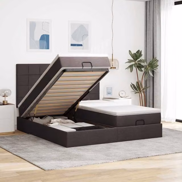 Estructura de cama otomana Maison Exclusive con colchón de muelles ensacados, tapizada en tela marrón y blanco, con base abatible, iluminación bajo la cama y puerto de carga USB, An/P/Al: 200 x 200 x 30 cm