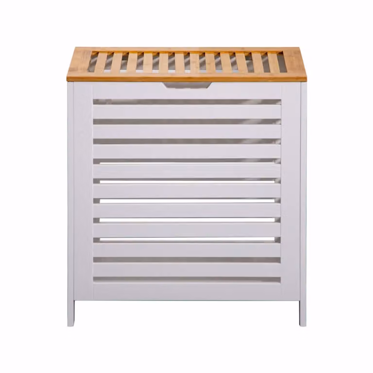 Cesta de ropa sucia Rebecca Mobili de bambú y madera en blanco y marrón con tapa An/P/Al: 55 x 30 x 50 cm
