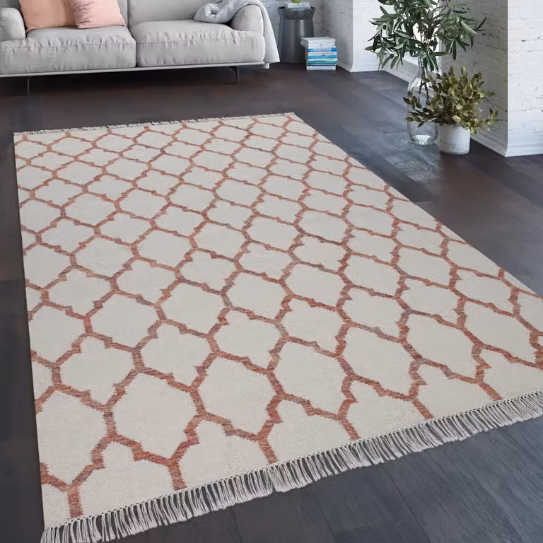 Alfombra Paco Home de diseño marroquí con flecos, tejida a mano en lana y algodón, multicolor en tonos beige y rojo, An/P: 80 x 150 cm