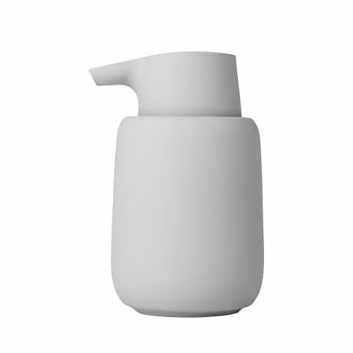 Dispensador de jabón Blomus Sono de cerámica gris con bomba recargable, Altura: 14 cm, Profundidad: 9,5 cm, Diámetro: 8,5 cm, Capacidad: 0,25 l