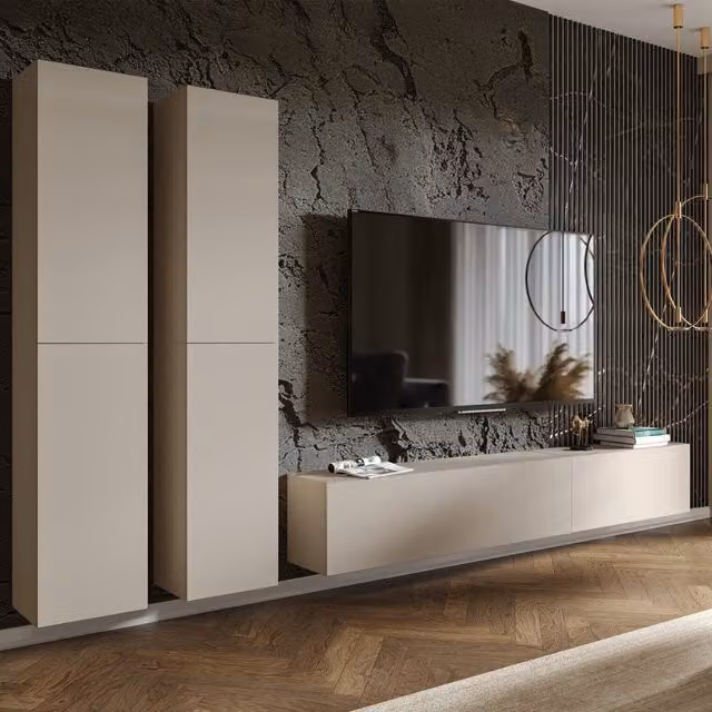 Pared Modular Haba de DMORA, Mueble de Salón Ajustable con 6 Estantes y Puertas Batientes en Color Beige