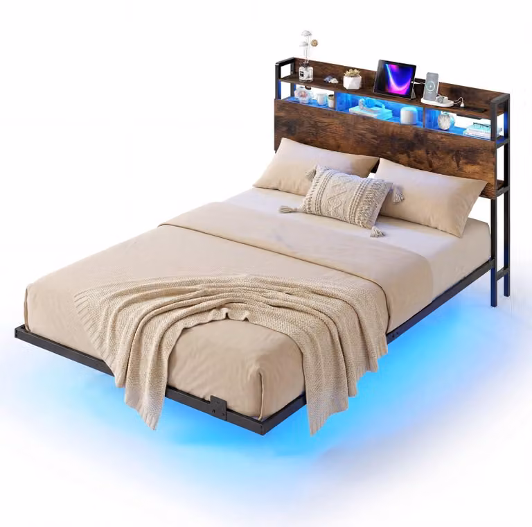 Marco de cama flotante Northix de metal con luces LED, puertos USB y cajones en color negro o marrón, An/P/Al: 140 x 200 x 35.5 cm