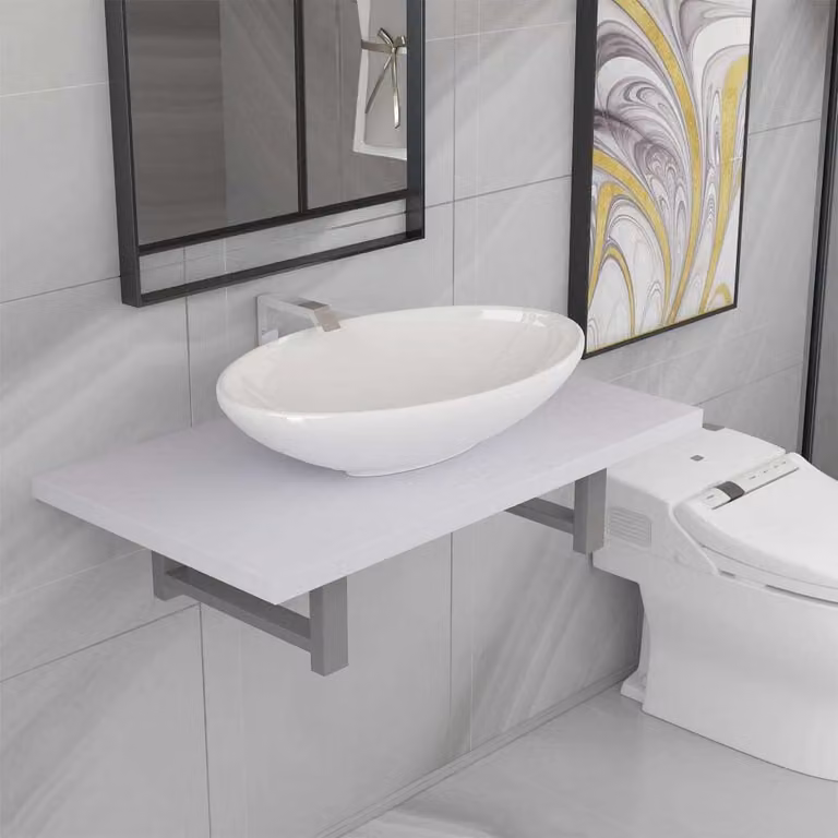 Prolenta Conjunto de mueble de lavabo y armario de pared para baño en color blanco brillante con acabado cerámico y metálico An/P/Al: 60 x 40 x 16,3 cm