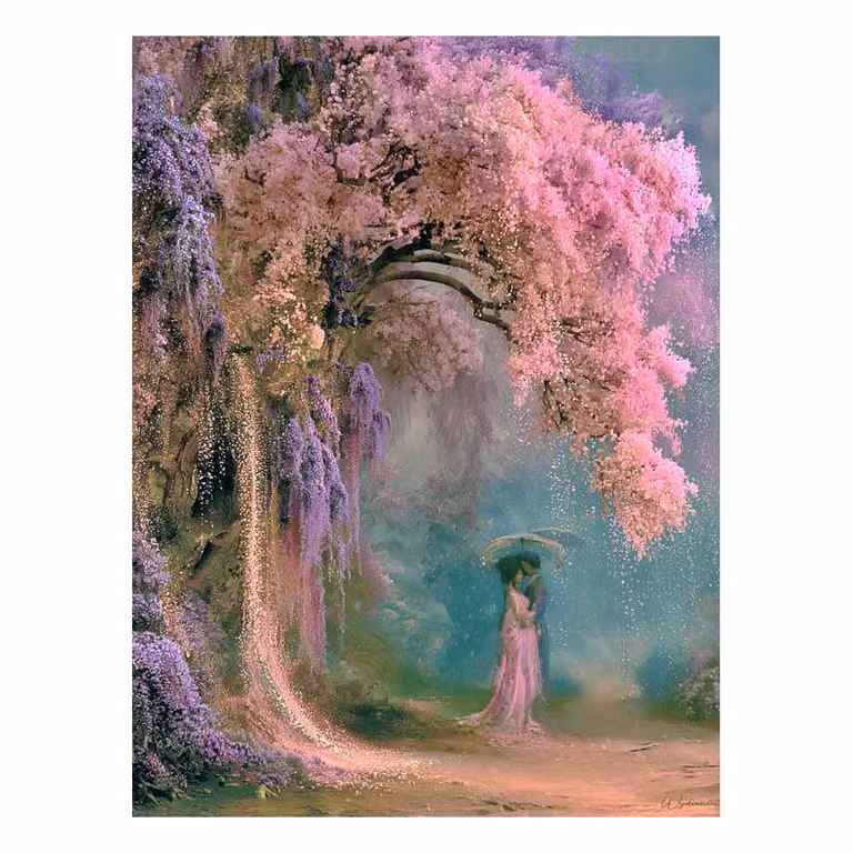 Cuadro decorativo Un Jour Un Désert con ilustración de cerezo y pareja multicolor en PVC, An/P/Al: 60 x 80 cm