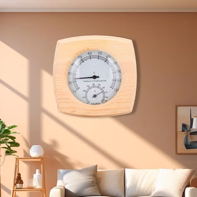 Termómetro higrómetro digital para saunas Infinite con carcasa de madera de abeto en color marrón