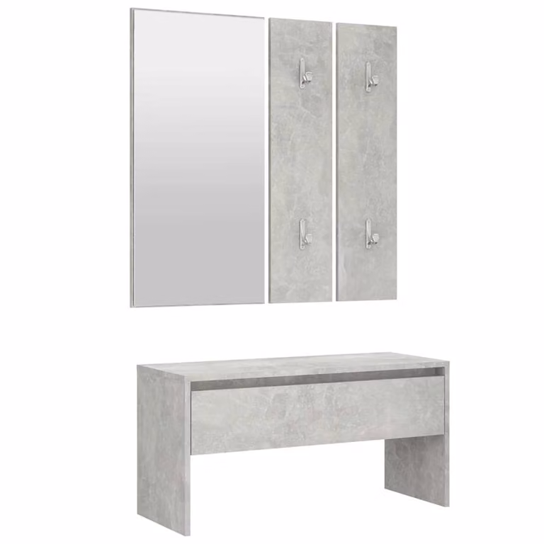 Set de muebles de recibidor vidaXL de estilo minimalista en madera y MDF, color gris, que incluye banco, espejo, estante de pared y zapatero