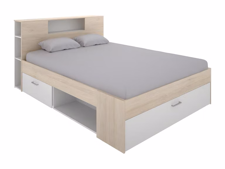 Cama con cabecero con estantería y cajones VENTE-UNIQUE en color blanco y beige An/P/Al: 147 x 95 x 219 cm