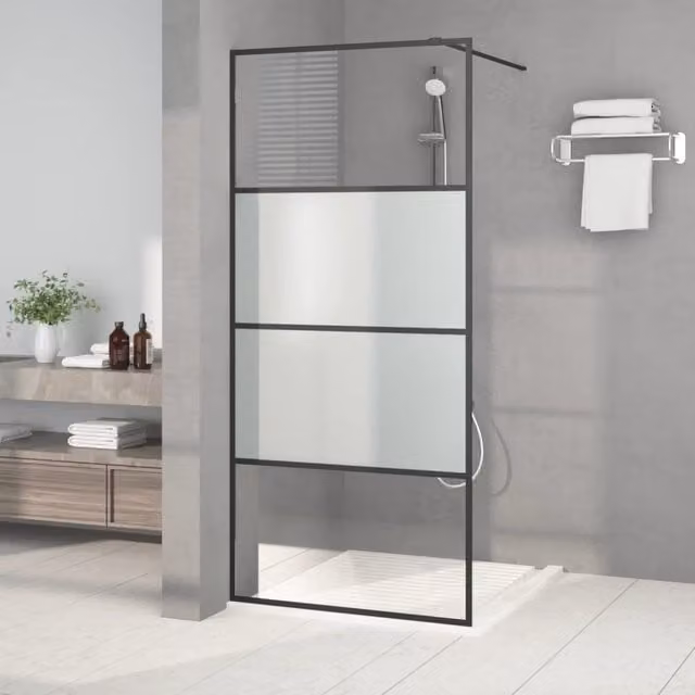 Mampara de ducha corredera rectangular vidaxl de vidrio esmerilado y negro, An: 90 cm, Al: 195 cm