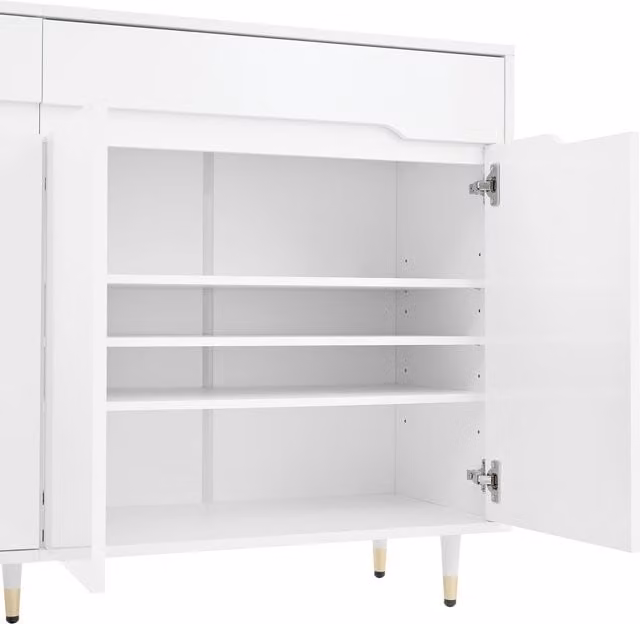 Mueble Zapatero Stilvora de Estilo Moderno con 2 Puertas y 2 Cajones, Estantes Interiores y Patas Doradas, Blanco, An/P/Al: 140 x 39 x 84 cm