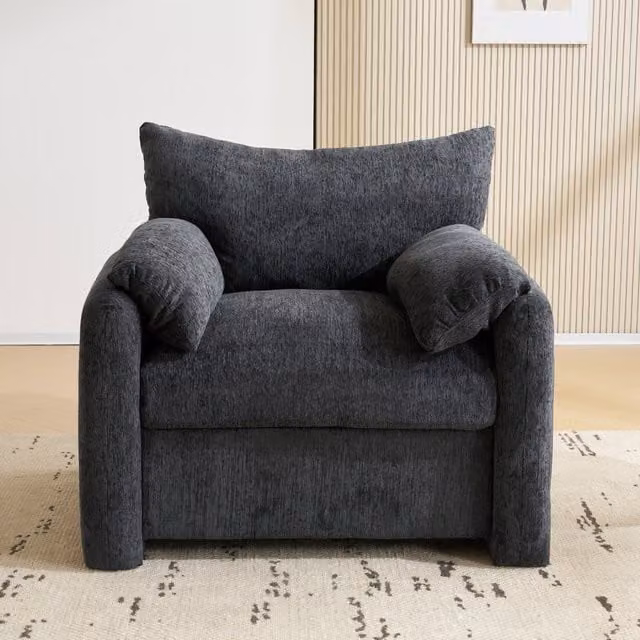 Sillón individual de diseño moderno KELLANY tapizado en tela de chenilla con reposabrazos para salón o dormitorio en colores beige, gris o verde