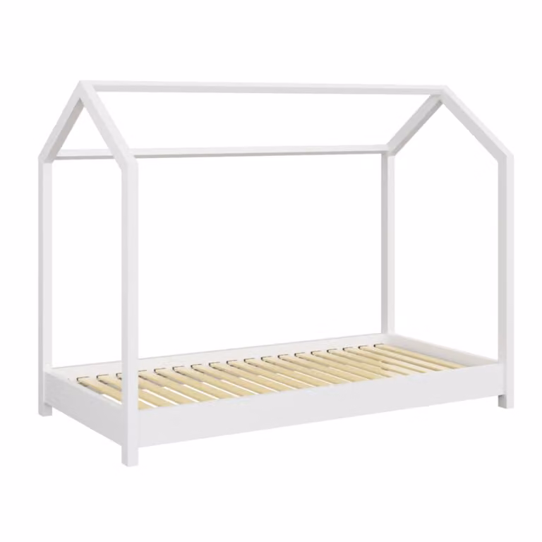 Cama infantil con estructura de casa Kocot Kids en madera de pino y abedul, color blanco, An/P/Al: 160 x 80 x 145 cm