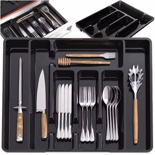 Organizador de cubiertos de plástico con compartimentos NORTHIX en color negro para cocina