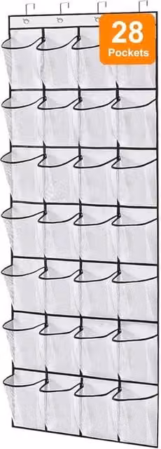 Organizador de zapatos colgante XISRENS con 28 bolsillos grandes de malla, color blanco