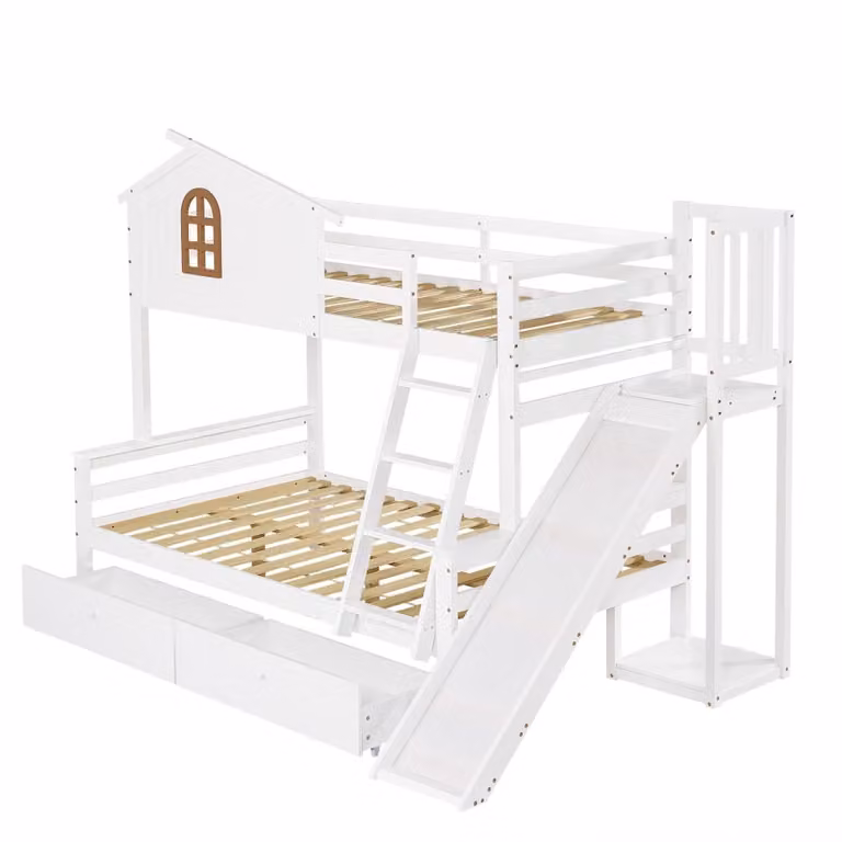 Litera infantil OKWISH de madera con tobogán y zona de juego, color blanco, An/P/Al: 90 x 200 x 163,5 cm