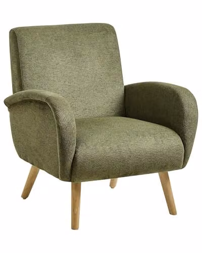 Sillón moderno Plassen de Beliani tapizado en tela verde con patas de madera de caucho y reposabrazos