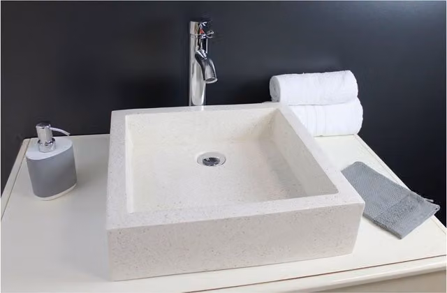 Lavabo cuadrado de sobreponer Ondee Timbre en compuesto de granito efecto terrazzo color crema An/P/Al: 40 x 40 x 16 cm sin rebosadero